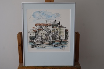 Afbeelding van Ingelijste aquarel van havengezicht