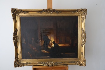 Afbeelding van Oud schilderij met avondelijk interieur en figuren