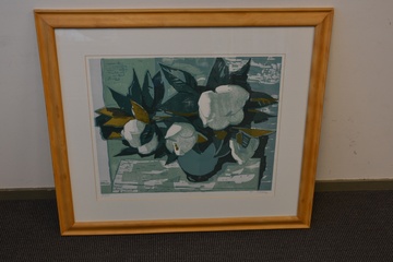 Afbeelding van Ingelijste kleurenlinoleumsnede van A. Krenz: "Magnolia's"
