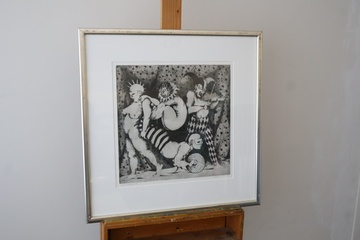 Afbeelding van Gesigneerde litho met clownsfiguren