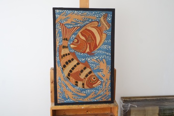 Afbeelding van Batik kunstwerk met vissenmotief