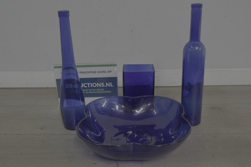 Afbeelding van Blauwe glazen vaas, fles en schaal set