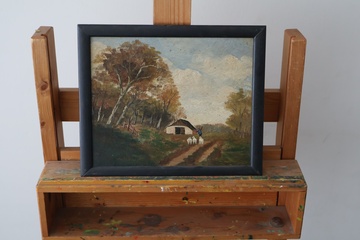 Afbeelding van Olieverf schilderij landschap in houten lijst''