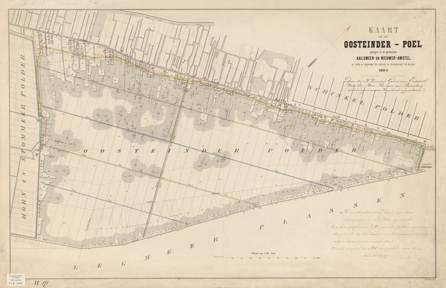 Kaart van den Oosteinder-poel gelegen in de gemeenten Aalsmeer en Nieuwer-Amstel, op welke is aangetoond het ontwerp tot droogmaking van die plas, H.P. Eskes, 1864