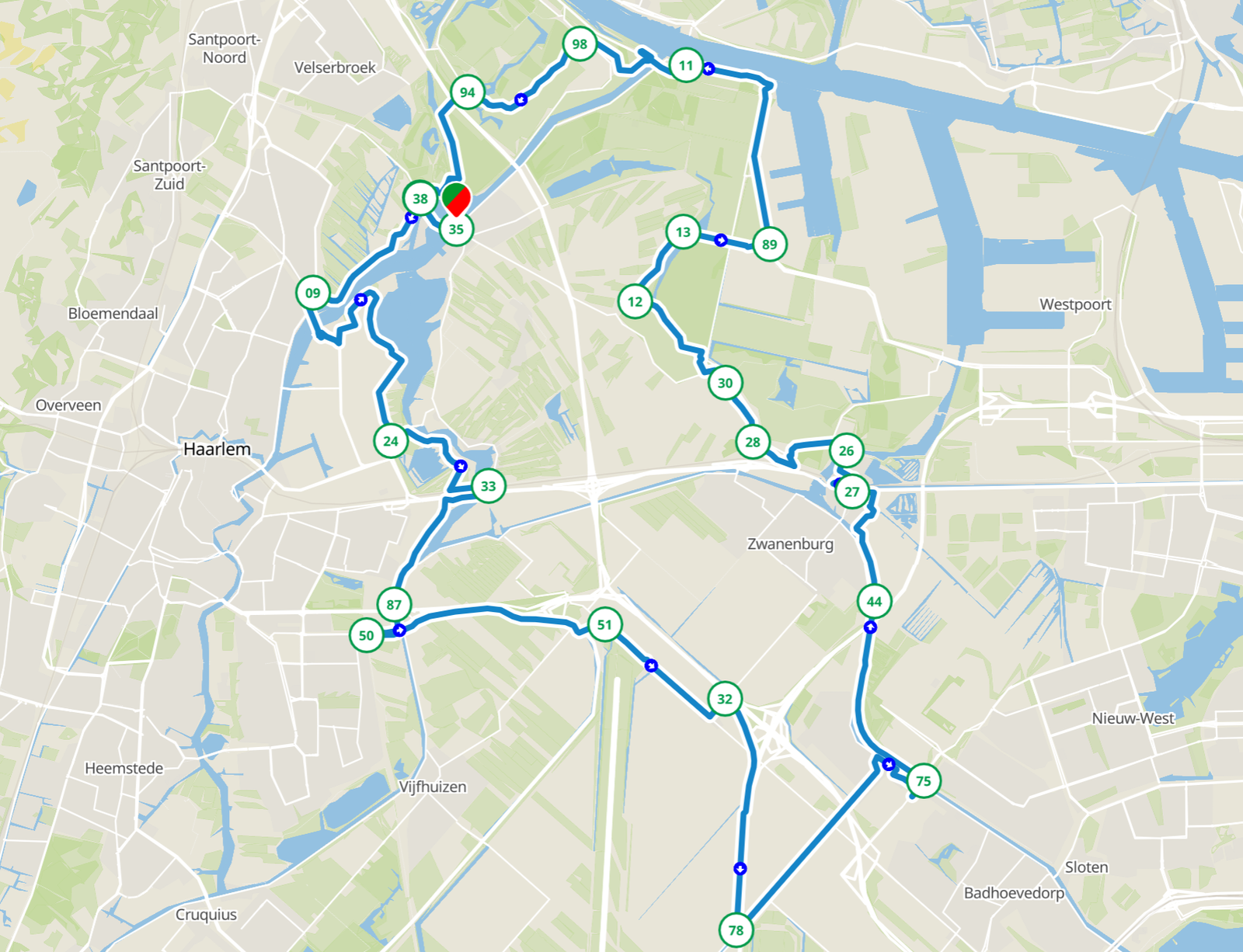 Kaart van de fietsroute rond Spaarndam