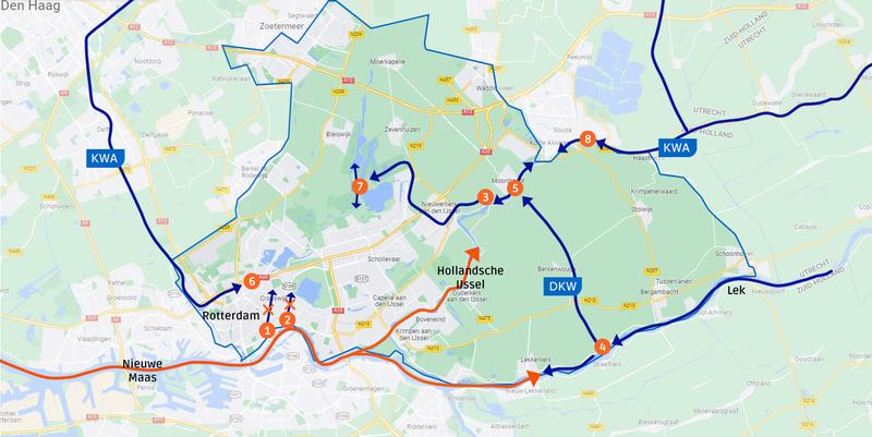 Kaartje waarop te zien is hoe zoet en zout water stroomt en waar we zoet water inlaten.
