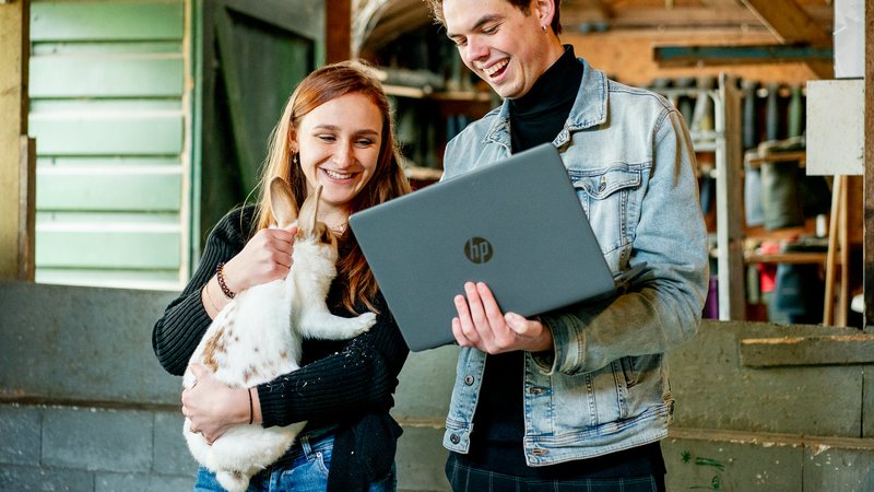 Studenten met konijn en laptop