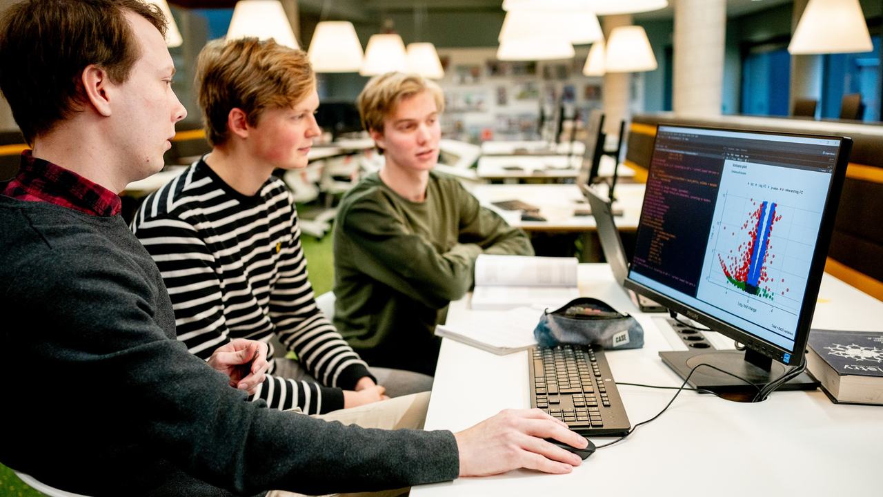 Studenten achter computer mediatheek Leeuwarden