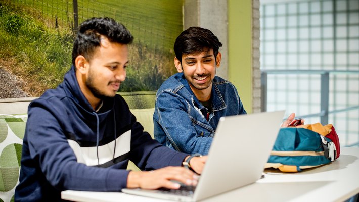 Twee internationale studenten in werkhoek achter laptop