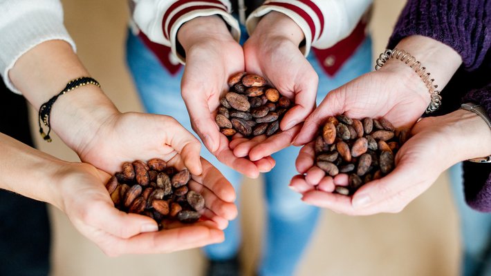 Studenten International Development Management houden bonen in hun handen