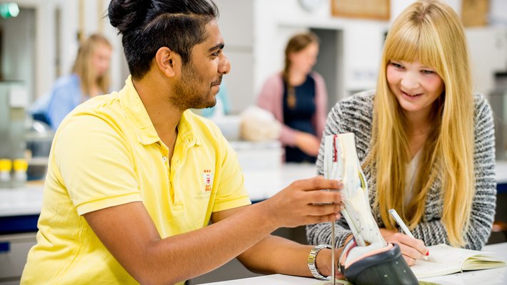 Twee studenten Equine Sports and Business bekijken kunststof model van een paardenvoet