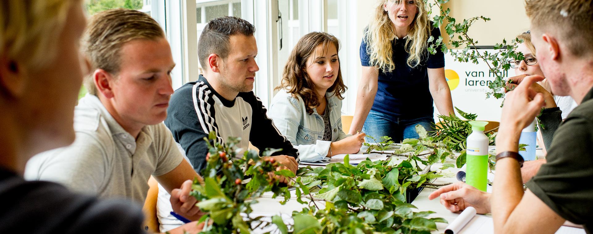 studenten bos- en natuurbeheer bestuderen takken in lokaal met docent