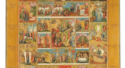 Feestdagen icoon (Rusland) met opstanding van Jezus