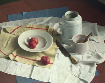 Stilleven met Delfswit en granaatappels op doeken, Henk Helmantel, 2010. Collectie Museum Helmantel - beeld: Art Revisited