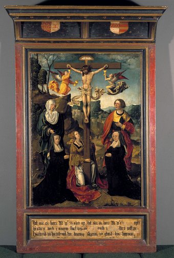 Aan weerszijden van de gekruisigde Christus knielen de opdrachtgeefsters. Volgens het paneeltje aan de onderzijde zijn dit Hadewych van Hardenbroek en Agnes van Ghent, beiden adellijke benedictinessen uit het Utrechtse klooster Oudwijk. Hadewych sterft op