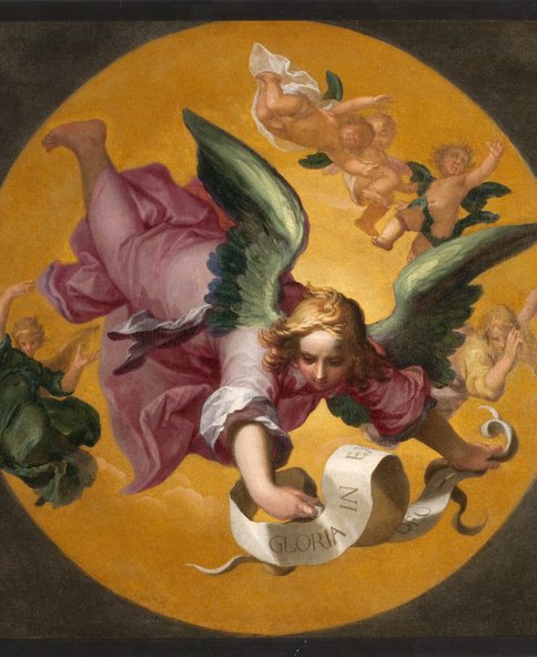 Afbeelding van vliegende engel met banderol, door Abarham Bloemaert