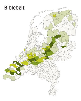 Afbeelding van de kaart van Nederland waarin te zien is in welke gemeente de hoogste percentages SGP-stemers zijn