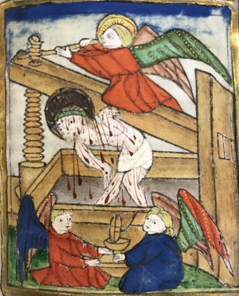 Jezus in de mystieke wijnpers, Keulen, 1450-1500. Collectie Universiteitsbibliotheek Radboud Universiteit