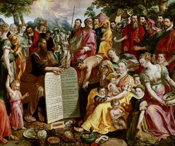 Maerten de Vos, Mozes met de tafelen der wet te midden van de Israëlieten als ‘portraits historiés’ verbeeld door de Antwerpse families Hooftman en Panhuys met verwanten en vrienden, 1574-1575. Utrecht, Museum Catharijneconvent, RMCC s94 (langdurig bruikl
