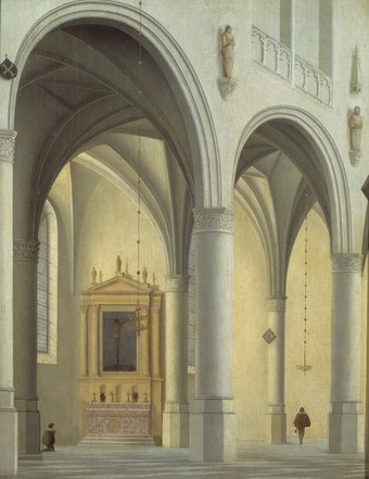 Pieter Saenredam, 1635

Gezicht op een kapel in de noorderlijke zijbeuk van de Grote of St.-Laurenskerk te Alkmaar

Een katholieke wensdroom
De Sint-Laurenskerk van Alkmaar ging in 1572 in protestantse handen over. Saenredam voorzag een kapel in de n