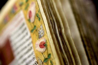 Tentoonstelling Magische miniaturen, sfeerbeeld van pagina met bloemen, collectie Museum Catharijneconvent, foto Marco Sweering, 2018