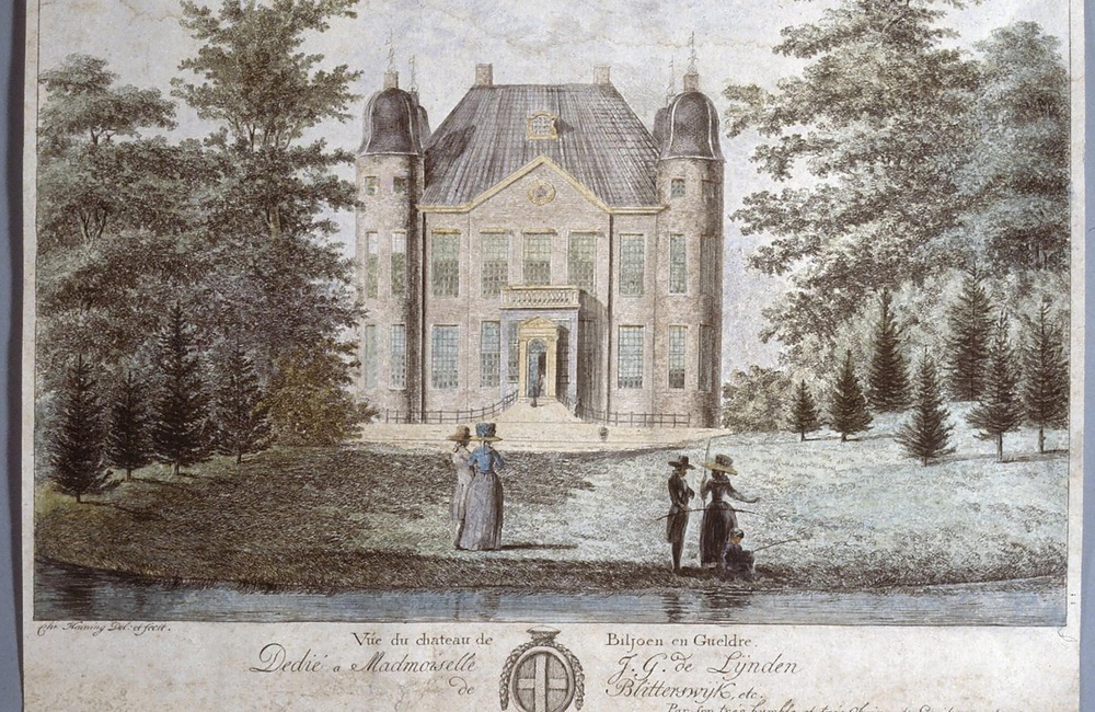 Aanzicht van het kasteel met zich verpozende mensen op de voorgrond gravure van Chr
