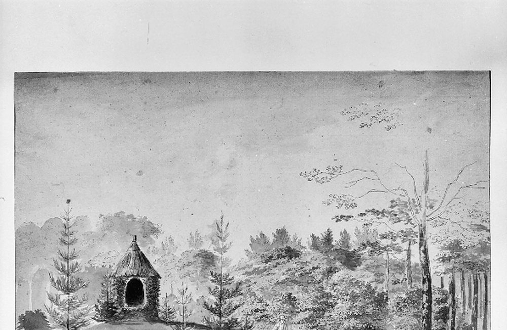 Aquarel van een hermitage bij een cascade in het park van Biljoen door Chr. Henning (ca.1790)