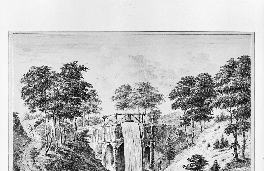 Huis Beekhuizen: Gravure ca 1790, gezicht op de Grote Cascase van Beekhuizen