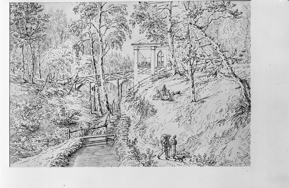 Beekhuizen, theehuis en waterval ca 1817
