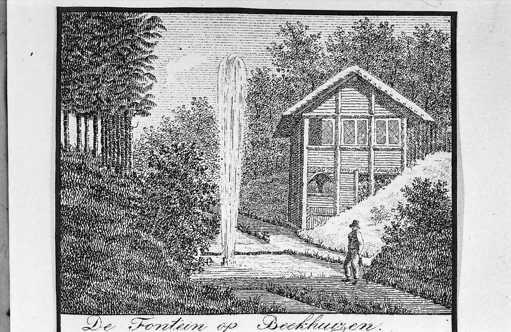 Huis Beekhuizen: de hermitage en Grote Fontein, Litho ca 1815 door G. van Husselt p. 469
