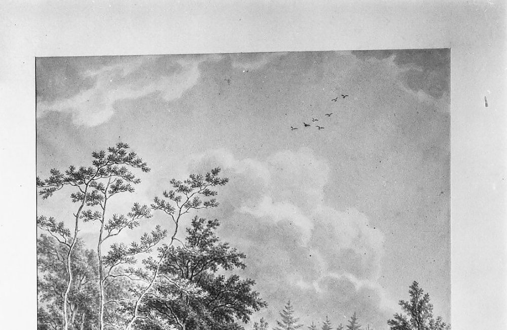Biljoen: Beekhuizen, sepiatekening W. Uppink ca 1810 met zicht op salon en brug