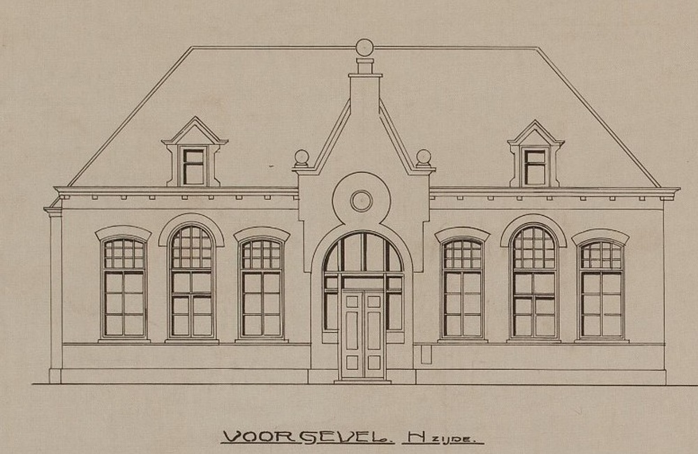 Tekening van voorgevel schoolgebouw