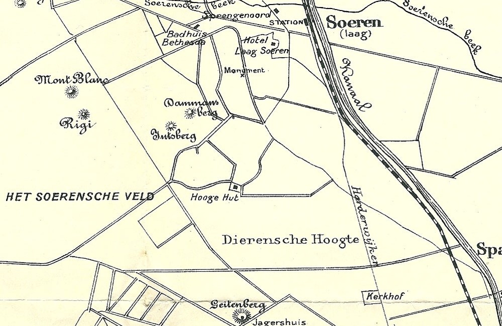 Midden op de kaart de Hooge hut 1911