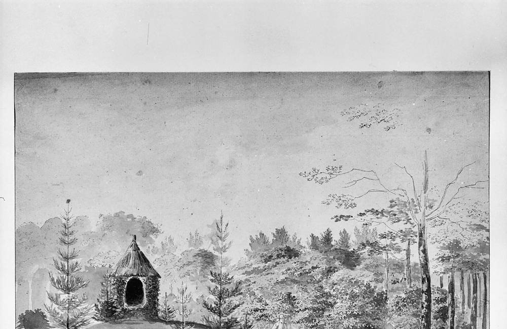 Biljoen: aquarel van een hermitage bij een cascade in het park Biljoen