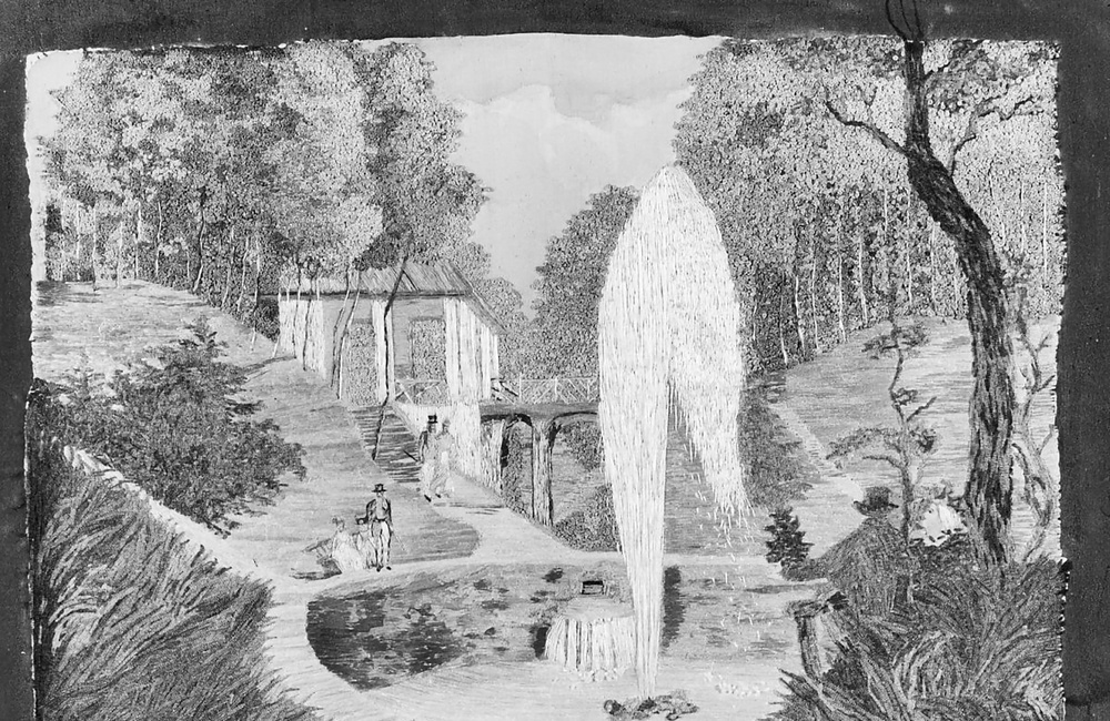 Huis Beekhuizen: Borduurwerk van parklandschap: de Salon en de grote fontein